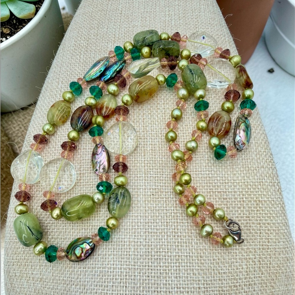 One Of A Kind Artisan Abalone Moss Agate Quartz Pearl 40” Necklace 925 Gemstone - Picture 13 of 17